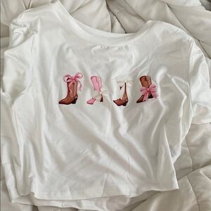 SHEIN White Tee with Pink and Brown Boot Design